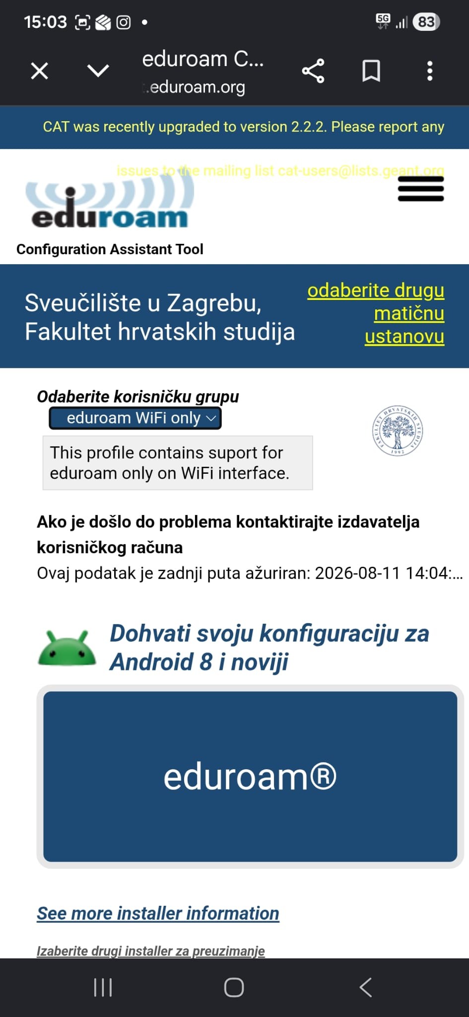 Odabir profila eduroam WiFi only na Android uređaju